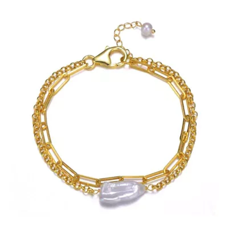 Lab Created Sterling Silver 14K Gold Plated with Free-Form Genuine Freshwater Pearl Cable Rolo Chain Double Layer Bracelet