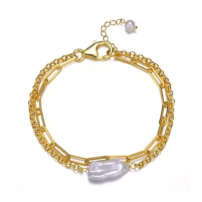 Lab Created Sterling Silver 14K Gold Plated with Free-Form Genuine Freshwater Pearl Cable Rolo Chain Double Layer Bracelet