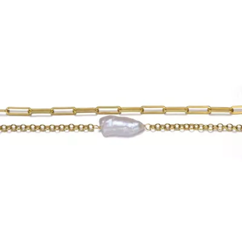Lab Created Sterling Silver 14K Gold Plated with Free-Form Genuine Freshwater Pearl Cable Rolo Chain Double Layer Bracelet