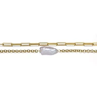 Lab Created Sterling Silver 14K Gold Plated with Free-Form Genuine Freshwater Pearl Cable Rolo Chain Double Layer Bracelet