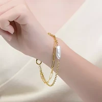 Lab Created Sterling Silver 14K Gold Plated with Free-Form Genuine Freshwater Pearl Cable Rolo Chain Double Layer Bracelet