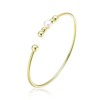 Lab Created Sterling Silver 14K Gold Plated with 6.5MM Freshwater Pearl Bangle Bracelet
