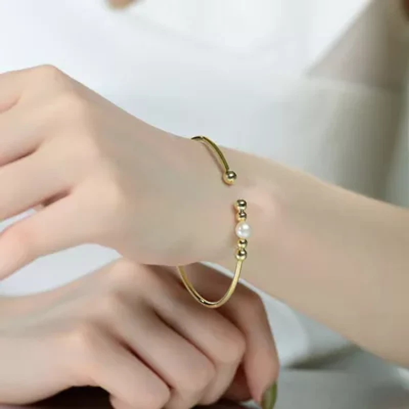 Lab Created Sterling Silver 14K Gold Plated with 6.5MM Freshwater Pearl Bangle Bracelet