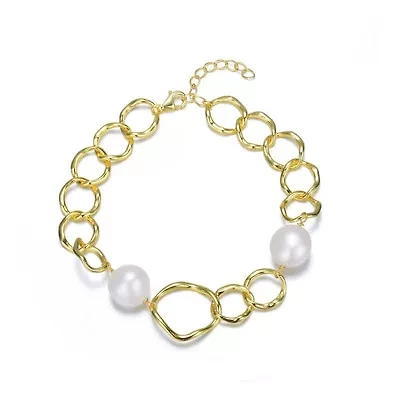 Lab Created Sterling Silver 14K Gold Plating with White Genuine Freshwater Pearl Chain Bracelet