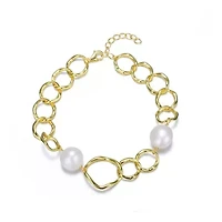 Lab Created Sterling Silver 14K Gold Plating with White Genuine Freshwater Pearl Chain Bracelet