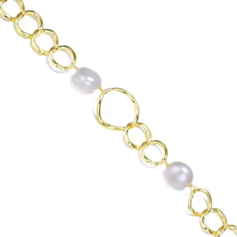 Lab Created Sterling Silver 14K Gold Plating with White Genuine Freshwater Pearl Chain Bracelet