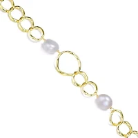 Lab Created Sterling Silver 14K Gold Plating with White Genuine Freshwater Pearl Chain Bracelet