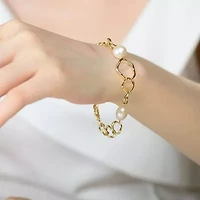 Lab Created Sterling Silver 14K Gold Plating with White Genuine Freshwater Pearl Chain Bracelet