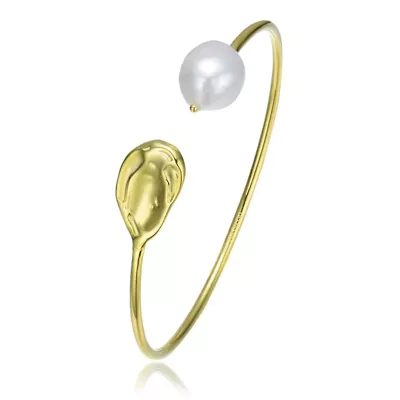 Lab Created Sterling Silver 14K Gold Plating with White Genuine Freshwater Pearl Cuff Bracelet