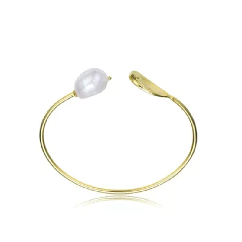 Lab Created Sterling Silver 14K Gold Plating with White Genuine Freshwater Pearl Cuff Bracelet