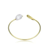 Lab Created Sterling Silver 14K Gold Plating with White Genuine Freshwater Pearl Cuff Bracelet