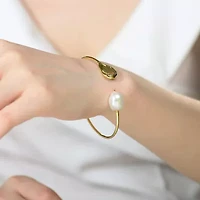 Lab Created Sterling Silver 14K Gold Plating with White Genuine Freshwater Pearl Cuff Bracelet