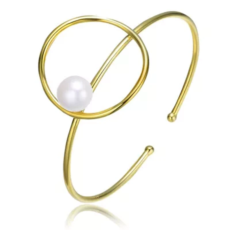Lab Created Sterling Silver 14K Gold Plating with White Genuine Freshwater Pearl Cuff Bracelet