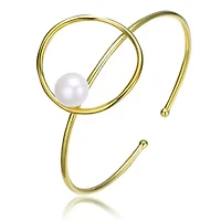 Lab Created Sterling Silver 14K Gold Plating with White Genuine Freshwater Pearl Cuff Bracelet