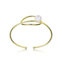 Lab Created Sterling Silver 14K Gold Plating with White Genuine Freshwater Pearl Cuff Bracelet
