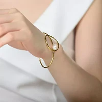 Lab Created Sterling Silver 14K Gold Plating with White Genuine Freshwater Pearl Cuff Bracelet
