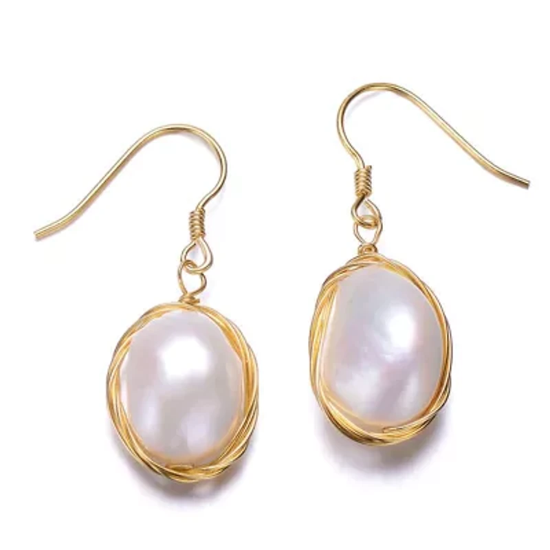 Lab Created Sterling Silver 14K Gold Plated with White Genuine Freshwater Pearl Dangle Earrings