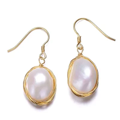 Lab Created Sterling Silver 14K Gold Plated with White Genuine Freshwater Pearl Dangle Earrings