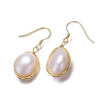 Lab Created Sterling Silver 14K Gold Plated with White Genuine Freshwater Pearl Dangle Earrings
