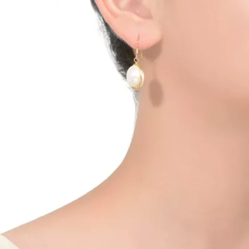 Lab Created Sterling Silver 14K Gold Plated with White Genuine Freshwater Pearl Dangle Earrings