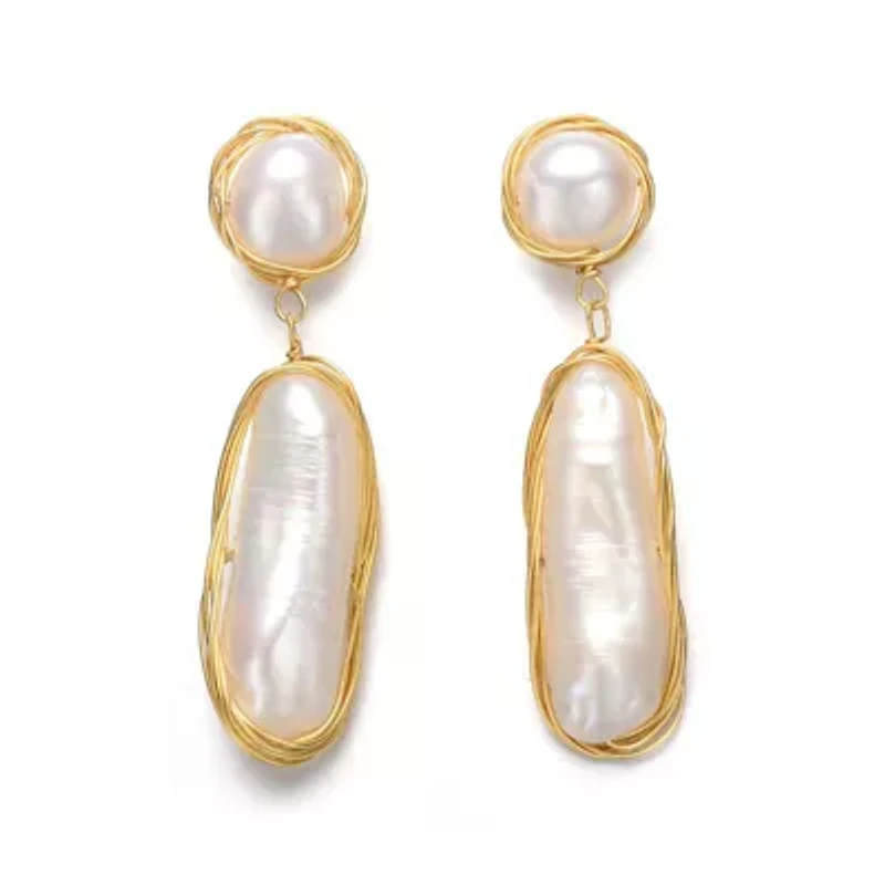 Lab Created Sterling Silver with 14K Gold Plated and 2 Genuine Freshwater Pearl Dangling Earrings