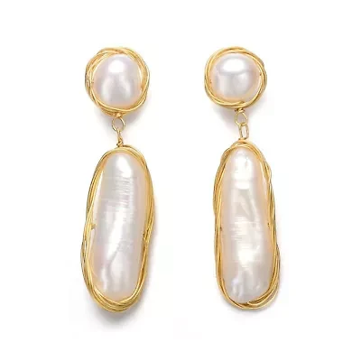 Lab Created Sterling Silver with 14K Gold Plated and 2 Genuine Freshwater Pearl Dangling Earrings