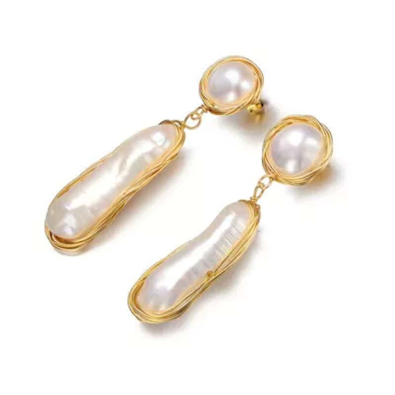 Lab Created Sterling Silver with 14K Gold Plated and 2 Genuine Freshwater Pearl Dangling Earrings