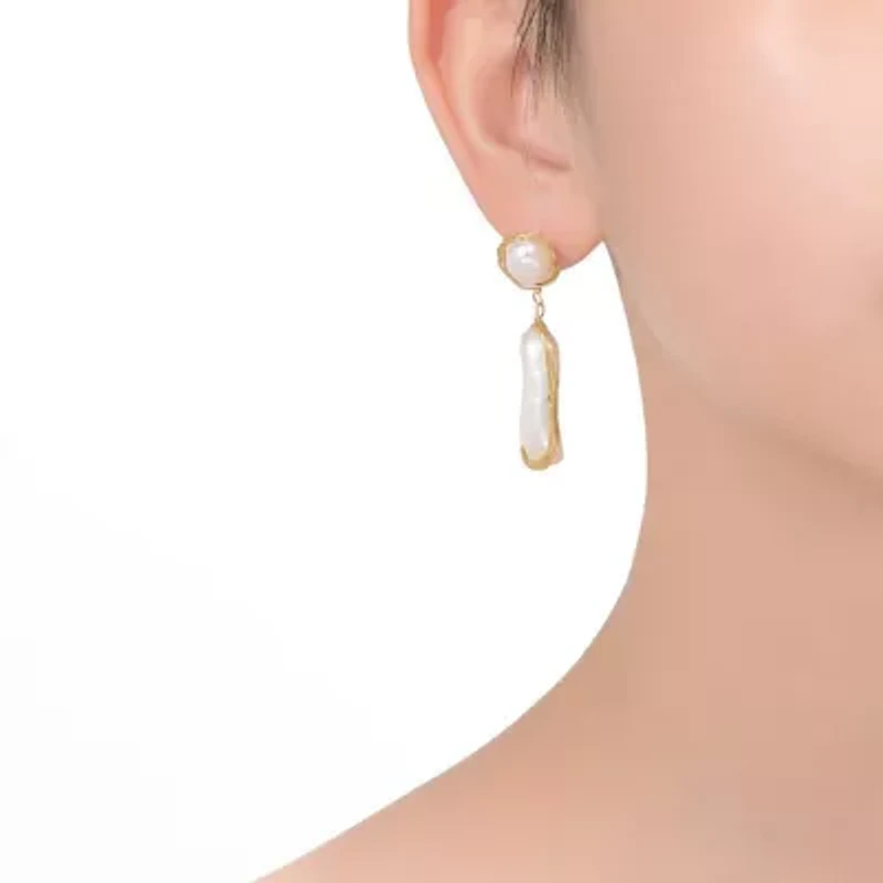 Lab Created Sterling Silver with 14K Gold Plated and 2 Genuine Freshwater Pearl Dangling Earrings