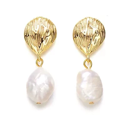 Lab Created Sterling Silver 14K Gold Plated with White Freshwater White Pearl Coral Reef Dangle Earrings