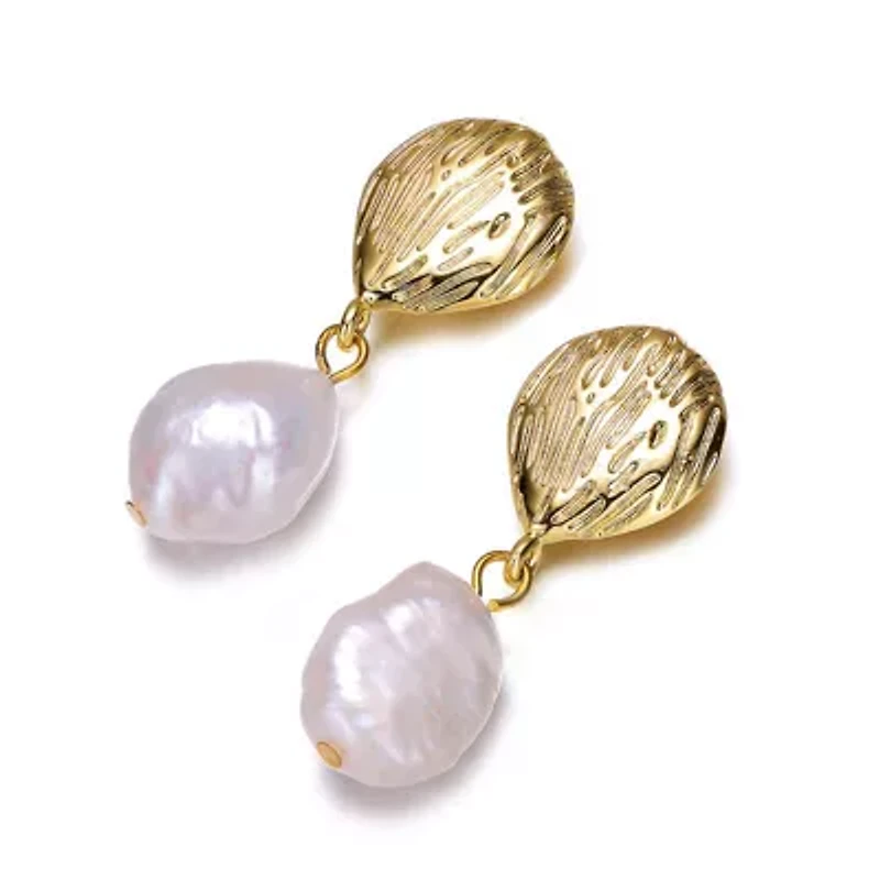 Lab Created Sterling Silver 14K Gold Plated with White Freshwater White Pearl Coral Reef Dangle Earrings