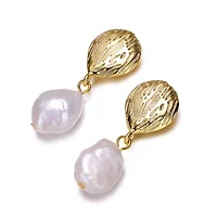 Lab Created Sterling Silver 14K Gold Plated with White Freshwater White Pearl Coral Reef Dangle Earrings
