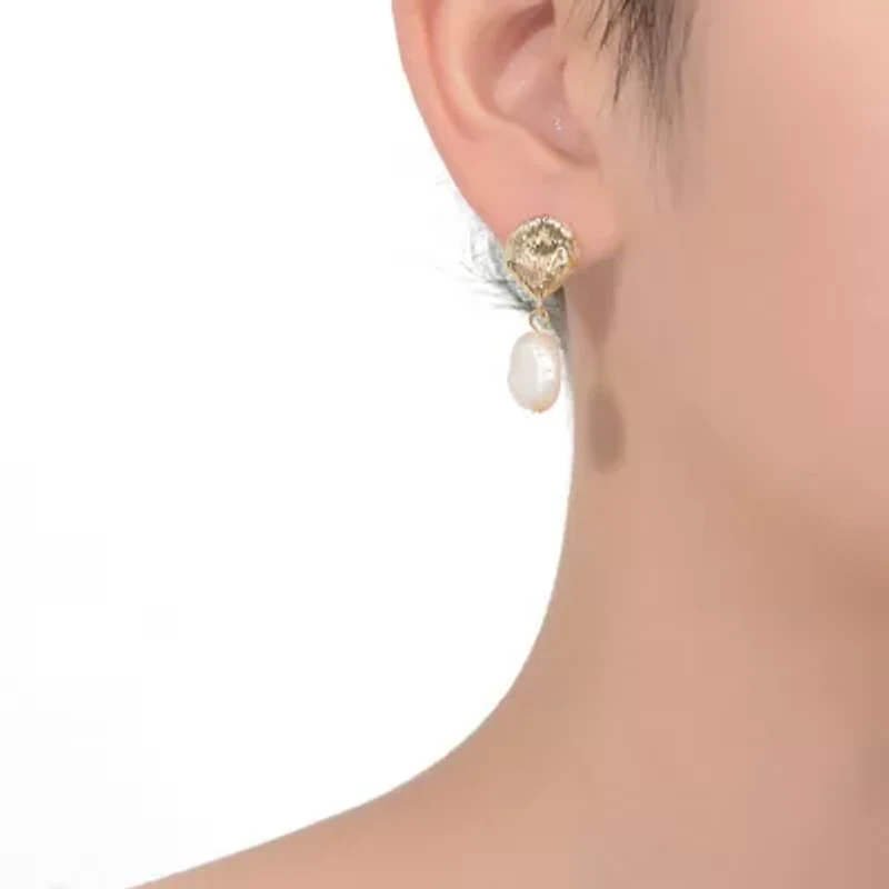 Lab Created Sterling Silver 14K Gold Plated with White Freshwater White Pearl Coral Reef Dangle Earrings