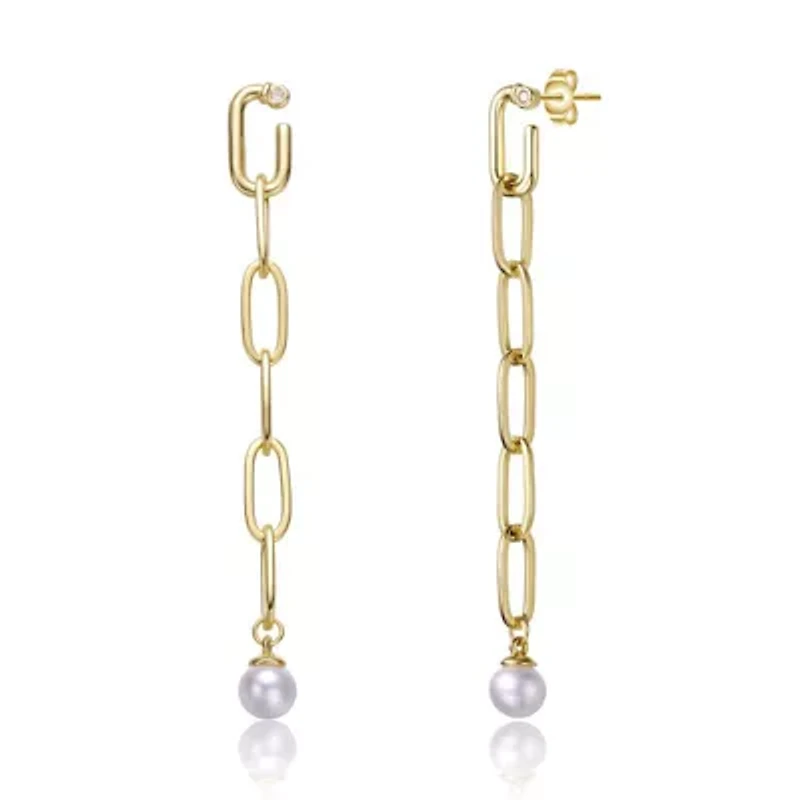 Lab Created Sterling Silver 14K Gold Plated with White Genuine Freshwater Pearl & Cubic Zirconia Drop Butterfly Earrings