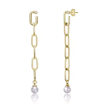 Lab Created Sterling Silver 14K Gold Plated with White Genuine Freshwater Pearl & Cubic Zirconia Drop Butterfly Earrings