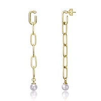 Lab Created Sterling Silver 14K Gold Plated with White Genuine Freshwater Pearl & Cubic Zirconia Drop Butterfly Earrings