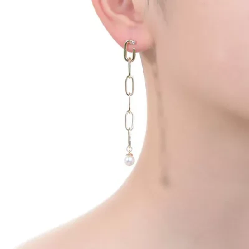 Lab Created Sterling Silver 14K Gold Plated with White Genuine Freshwater Pearl & Cubic Zirconia Drop Butterfly Earrings