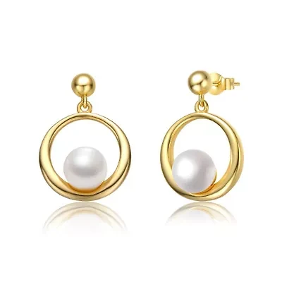 Lab Created Sterling Silver 14K Gold Plated with White Freshwater Pearl Eternity Circle Halo Dangle Earrings