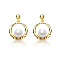 Lab Created Sterling Silver 14K Gold Plated with White Freshwater Pearl Eternity Circle Halo Dangle Earrings