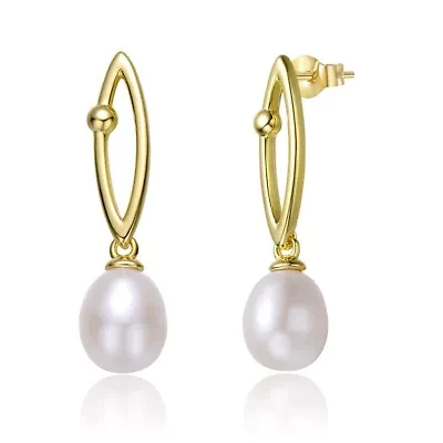 Lab Created Sterling Silver 14K Gold Plated with White Freshwater Pearl & Cubic Zirconia Oblong Drop Earrings