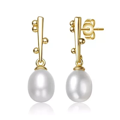 Lab Created Sterling Silver 14K Gold Plated with White Freshwater Pearl Linear Stick Earrings