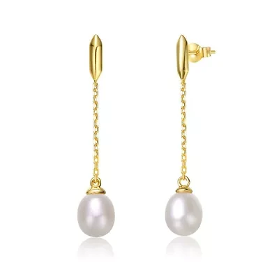 Lab Created Sterling Silver 14K Gold Plated with White Freshwater Pearl Linear Dangle Drop Cable Chain Earrings