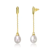 Lab Created Sterling Silver 14K Gold Plated with White Freshwater Pearl Linear Dangle Drop Cable Chain Earrings
