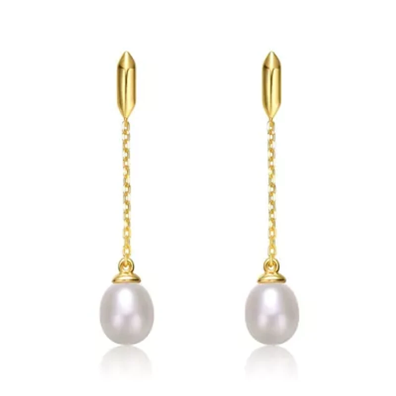 Lab Created Sterling Silver 14K Gold Plated with White Freshwater Pearl Linear Dangle Drop Cable Chain Earrings