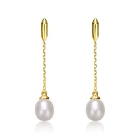 Lab Created Sterling Silver 14K Gold Plated with White Freshwater Pearl Linear Dangle Drop Cable Chain Earrings