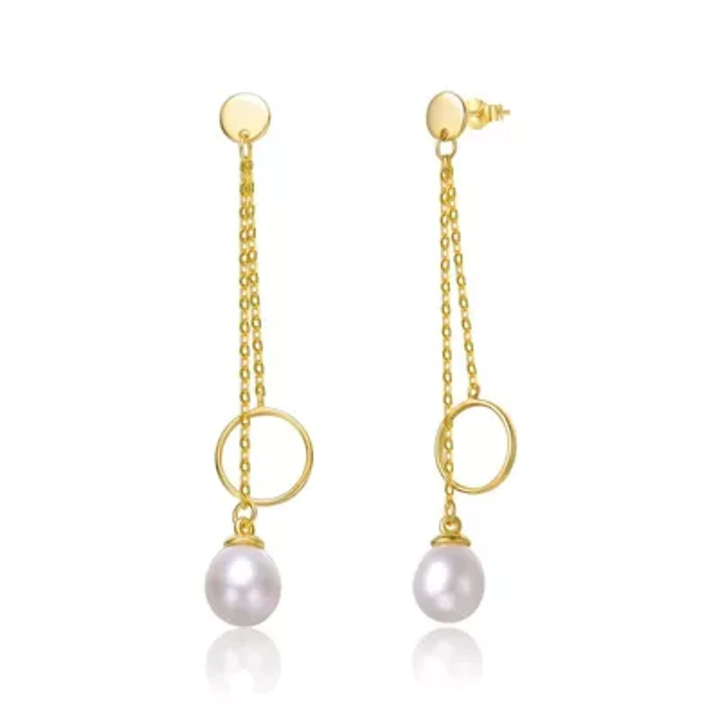 Lab Created Sterling Silver 14K Gold Plated with White Freshwater Pearl & Eternity Circle Double Drop Earrings