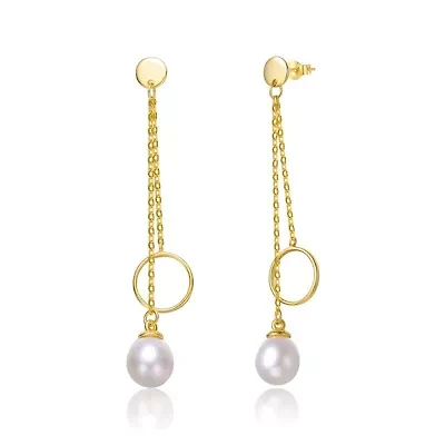 Lab Created Sterling Silver 14K Gold Plated with White Freshwater Pearl & Eternity Circle Double Drop Earrings