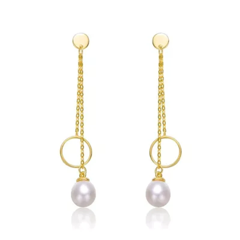 Lab Created Sterling Silver 14K Gold Plated with White Freshwater Pearl & Eternity Circle Double Drop Earrings