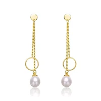 Lab Created Sterling Silver 14K Gold Plated with White Freshwater Pearl & Eternity Circle Double Drop Earrings