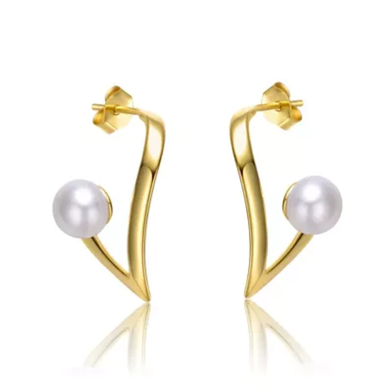 Lab Created Sterling Silver 14K Gold with White Freshwater Pearl Open Geometric Abstract Art Earrings