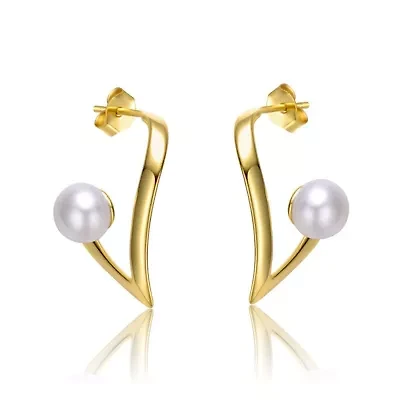 Lab Created Sterling Silver 14K Gold with White Freshwater Pearl Open Geometric Abstract Art Earrings